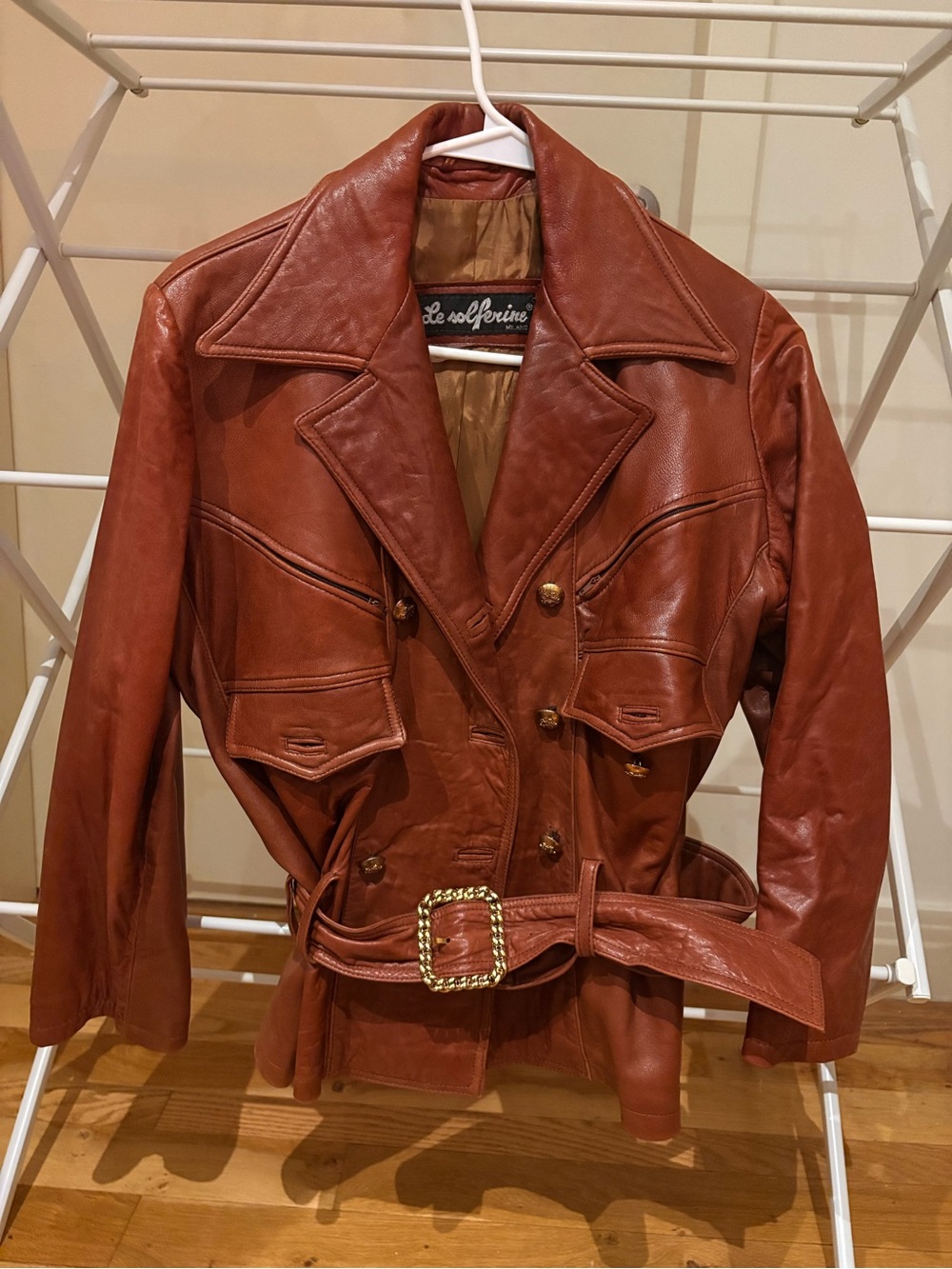 Leather Double-Breasted Belted Jacket in Cognac Brown